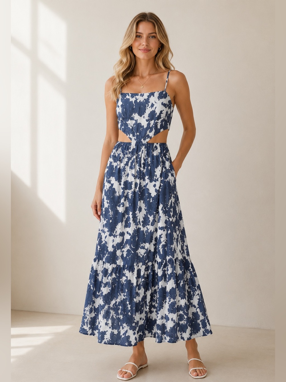 Abercrombie & Fitch Blue & White Cutout Maxi Dress Medium Lined Pockets - Picture 10 of 10
